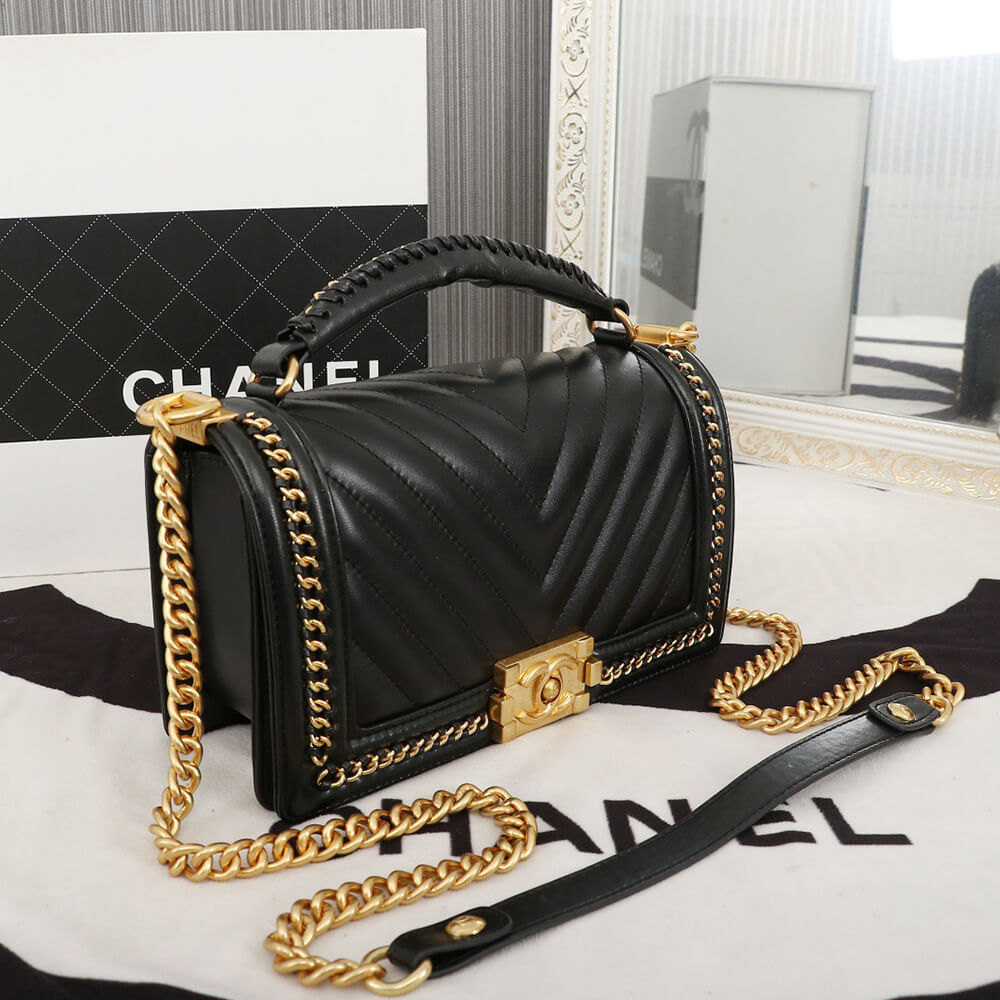 Ch*el top handle chevron boy handbag